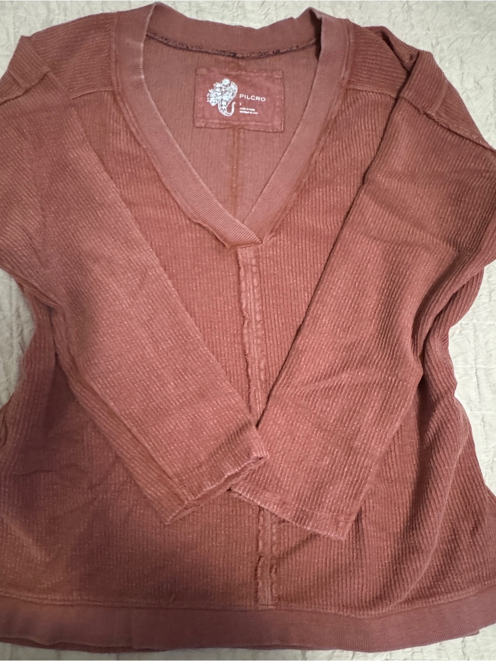 Pilcro Rust-Tone Ribbed V-Neck Sweater